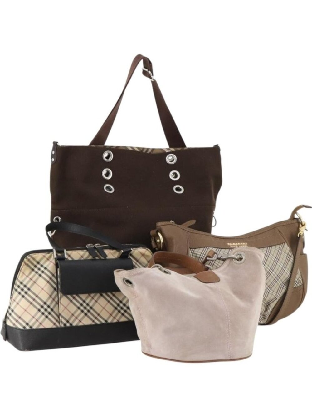 BURBERRY Nova Check Blue Label Bag Canvas Suede 4 Set Brown Beige